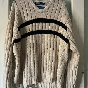 Vintage Men's Ralph Lauren Cream and Black Striped Sweater